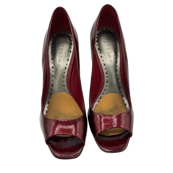 BCBGirls Ariel Ruby Red Tumbled Pearl Patent Leather Peep toe Stiletto Heels sz - Picture 6 of 16